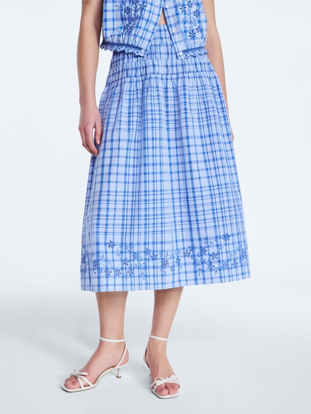 NEW Free Assembly Blue Plaid Embroidered Midi Skirt